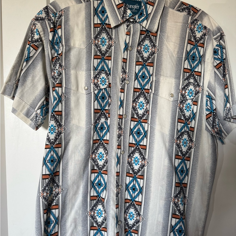 Wrangler Men's Aztec Pattern Shirt - Gray, Blue, and Orange